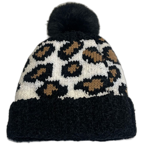 Pom Pom Black Leopard Hat One Size - Picture 2 of 3